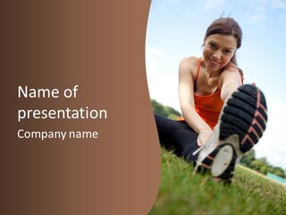 Smiley Athletic Woman Stretching Her Legs Outdoors PowerPoint Template