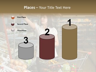 Beautiful Young Woman Standing With A Trolley At A Supermarket PowerPoint Template