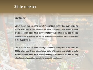 Beautiful Young Woman Standing With A Trolley At A Supermarket PowerPoint Template