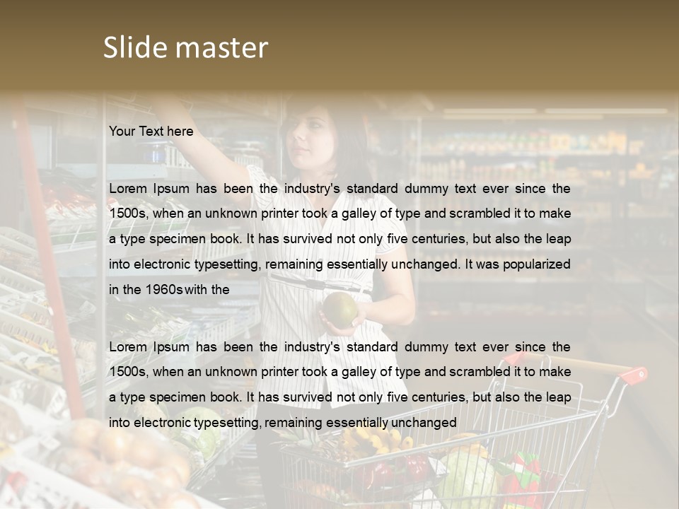 Beautiful Young Woman Standing With A Trolley At A Supermarket PowerPoint Template