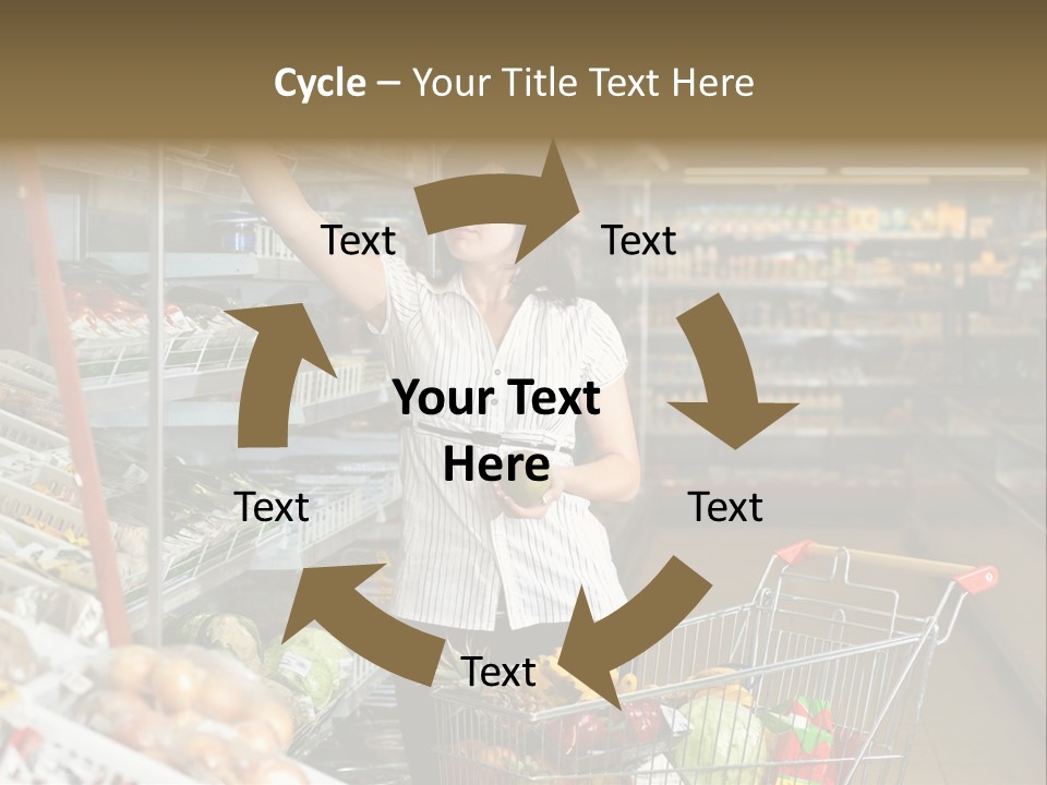 Beautiful Young Woman Standing With A Trolley At A Supermarket PowerPoint Template