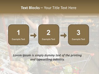 Beautiful Young Woman Standing With A Trolley At A Supermarket PowerPoint Template