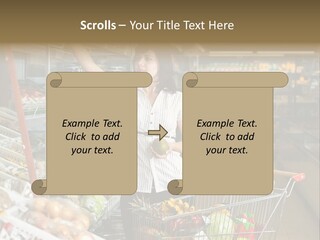 Beautiful Young Woman Standing With A Trolley At A Supermarket PowerPoint Template