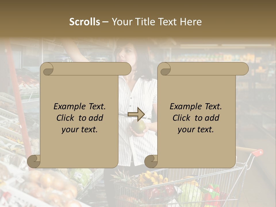 Beautiful Young Woman Standing With A Trolley At A Supermarket PowerPoint Template