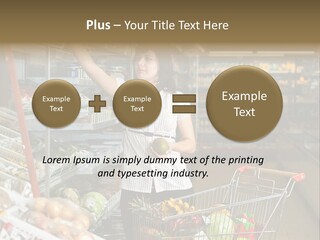 Beautiful Young Woman Standing With A Trolley At A Supermarket PowerPoint Template
