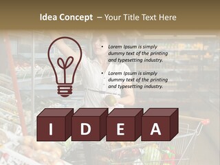 Beautiful Young Woman Standing With A Trolley At A Supermarket PowerPoint Template