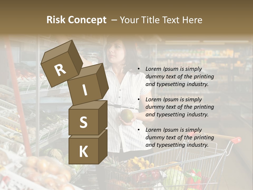 Beautiful Young Woman Standing With A Trolley At A Supermarket PowerPoint Template