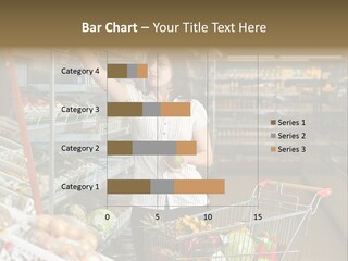 Beautiful Young Woman Standing With A Trolley At A Supermarket PowerPoint Template