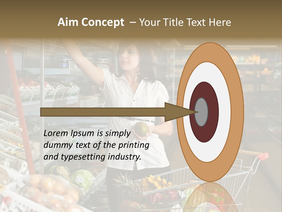 Beautiful Young Woman Standing With A Trolley At A Supermarket PowerPoint Template