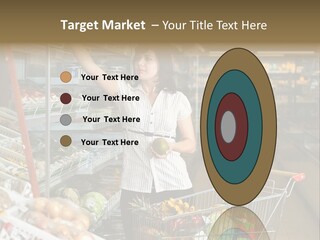 Beautiful Young Woman Standing With A Trolley At A Supermarket PowerPoint Template