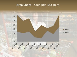 Beautiful Young Woman Standing With A Trolley At A Supermarket PowerPoint Template