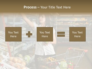 Beautiful Young Woman Standing With A Trolley At A Supermarket PowerPoint Template