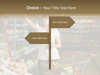 Beautiful Young Woman Standing With A Trolley At A Supermarket PowerPoint Template