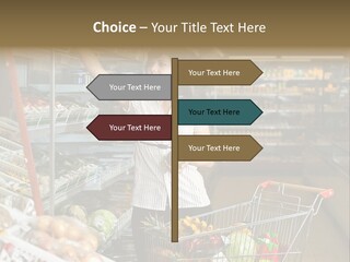 Beautiful Young Woman Standing With A Trolley At A Supermarket PowerPoint Template