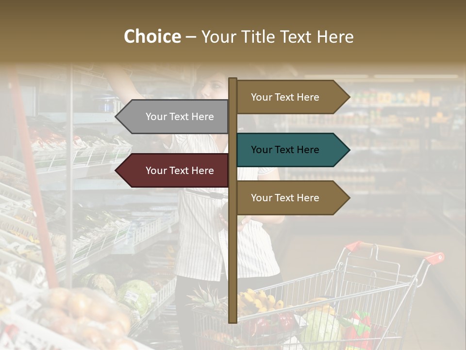 Beautiful Young Woman Standing With A Trolley At A Supermarket PowerPoint Template