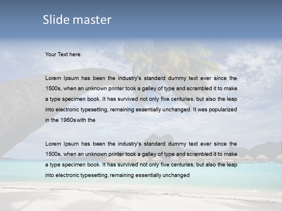 Beach Resort In Bora Bora Lagoon Waters With Hanging Palm Tree PowerPoint Template