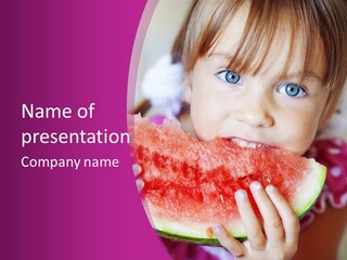 Funny Child Eating Watermelon Closeup PowerPoint Template