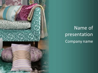 A Blue Couch With Pillows On Top Of It PowerPoint Template