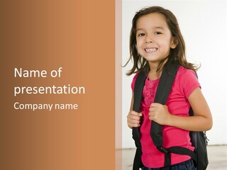 A Little Girl With A Backpack Is Smiling PowerPoint Template