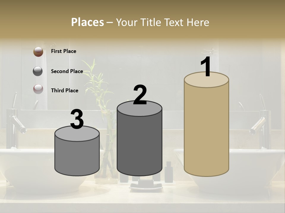 A Bathroom With Two Sinks And A Bamboo Plant PowerPoint Template