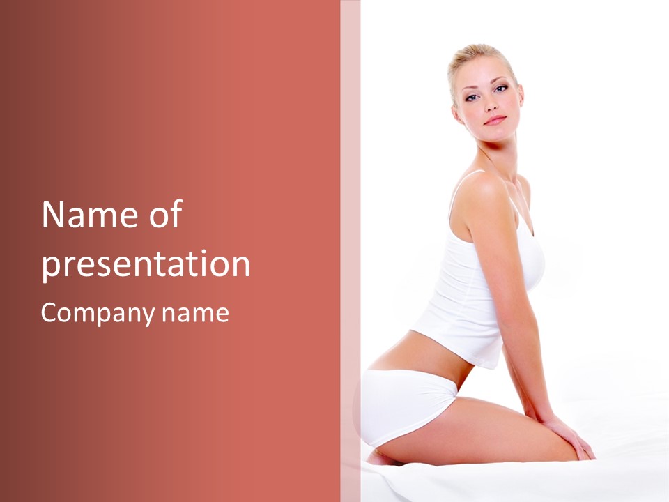 A Beautiful Woman In A White Bikini Sitting On A Bed PowerPoint Template