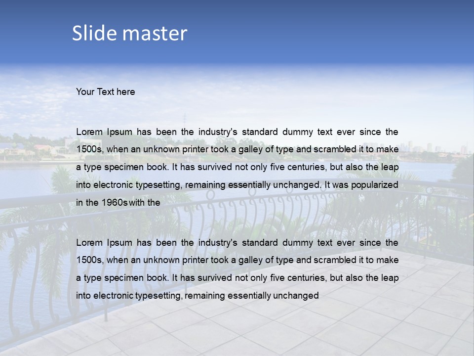 A Balcony Overlooking A Body Of Water With Palm Trees PowerPoint Template