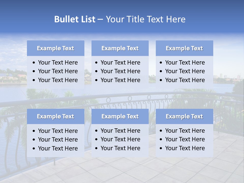 A Balcony Overlooking A Body Of Water With Palm Trees PowerPoint Template