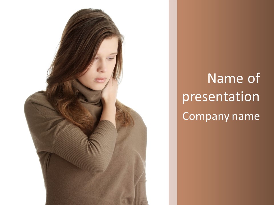 A Woman In A Brown Sweater Is Holding Her Head PowerPoint Template