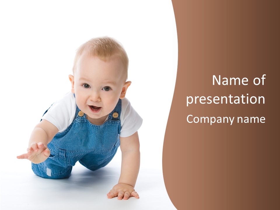 A Baby In Overalls Is Smiling For The Camera PowerPoint Template