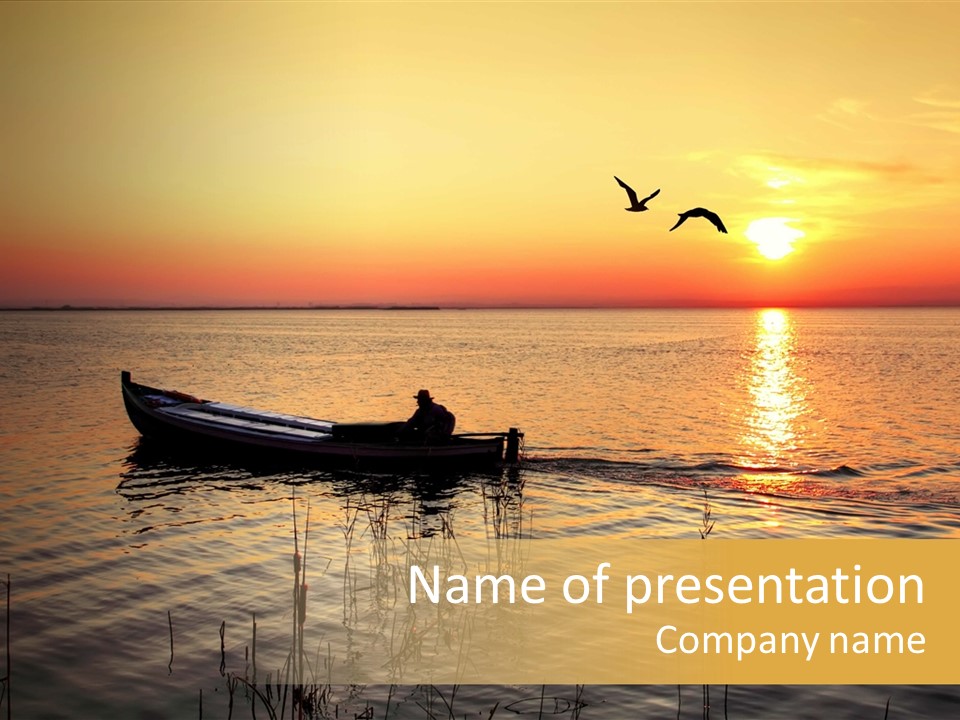 A Man In A Boat On The Water At Sunset PowerPoint Template