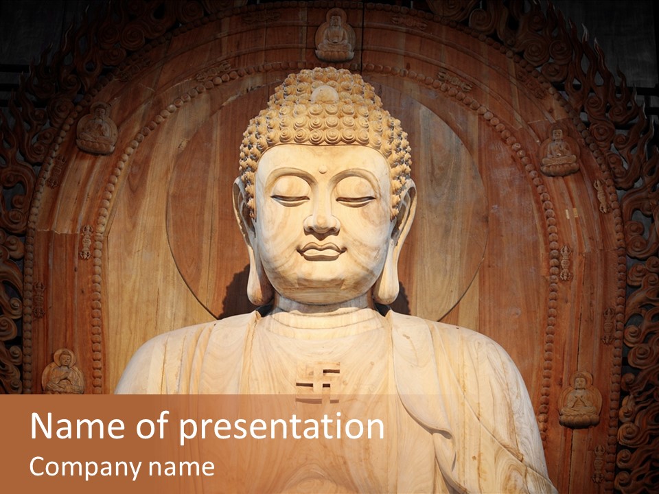 A Buddha Statue Sitting In Front Of A Wooden Wall PowerPoint Template