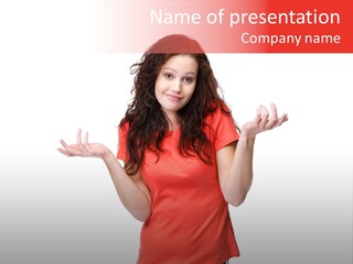 A Woman In A Red Shirt Is Holding Out Her Hands PowerPoint Template