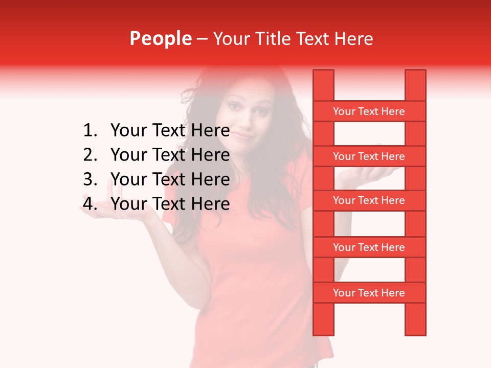A Woman In A Red Shirt Is Holding Out Her Hands PowerPoint Template
