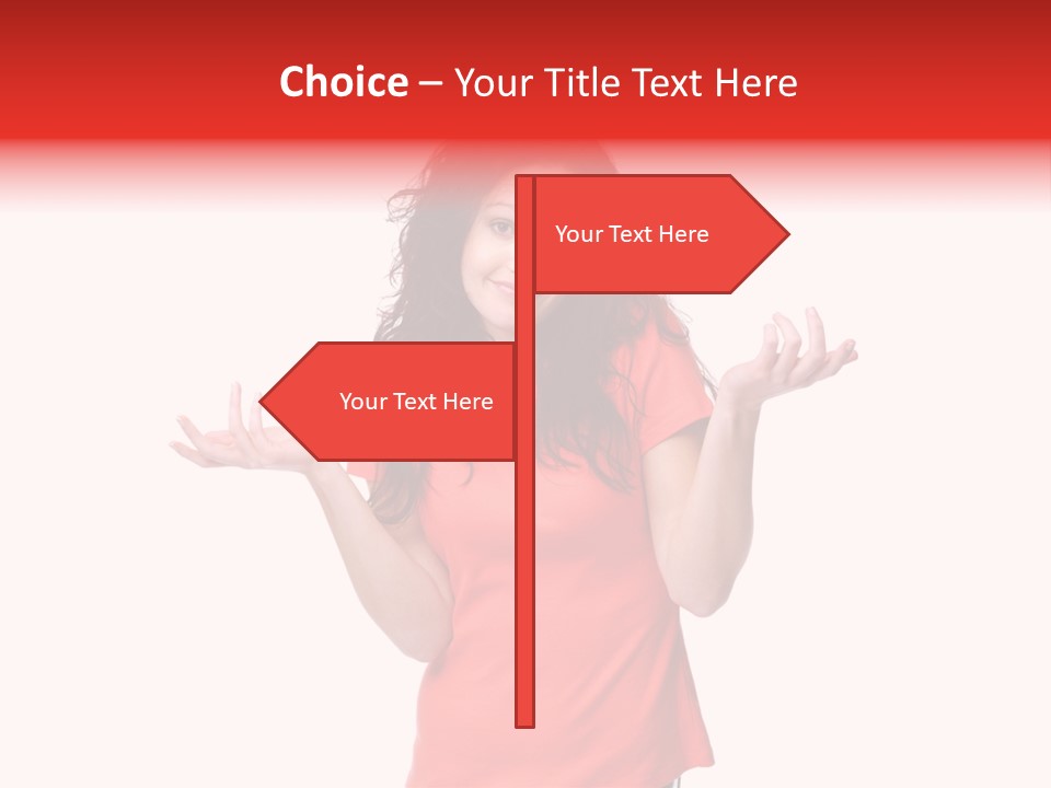 A Woman In A Red Shirt Is Holding Out Her Hands PowerPoint Template
