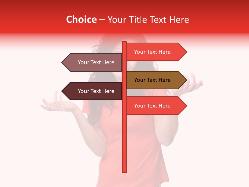 A Woman In A Red Shirt Is Holding Out Her Hands PowerPoint Template