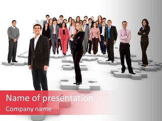A Group Of Business People Standing In Front Of Puzzle Pieces PowerPoint Template