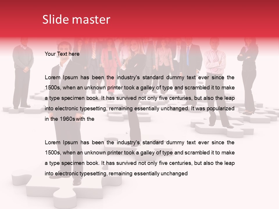 A Group Of Business People Standing In Front Of Puzzle Pieces PowerPoint Template