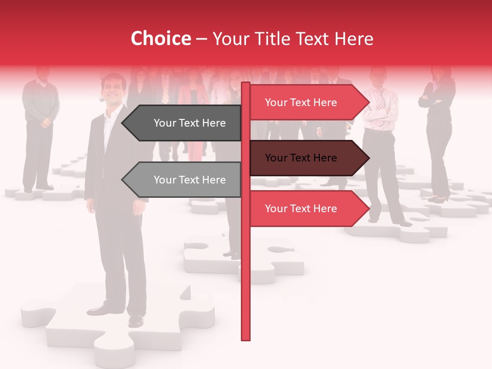 A Group Of Business People Standing In Front Of Puzzle Pieces PowerPoint Template