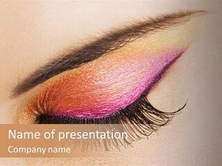 A Close Up Of A Woman's Eye With Pink And Yellow Makeup PowerPoint Template