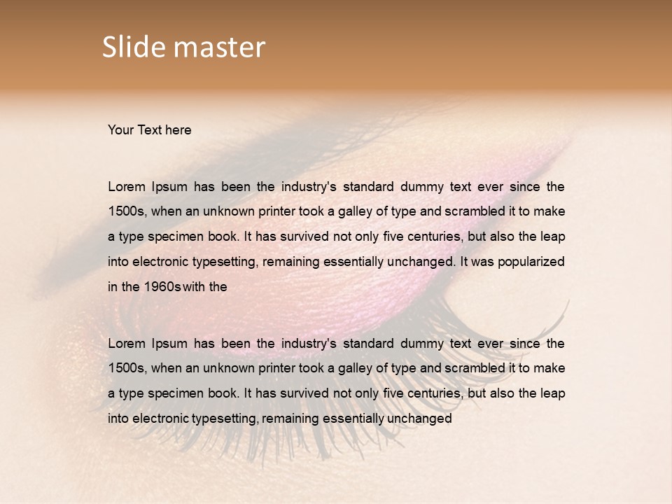 A Close Up Of A Woman's Eye With Pink And Yellow Makeup PowerPoint Template