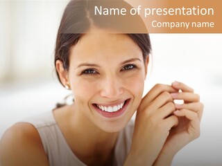 A Woman Smiling With Her Hands On Her Chin PowerPoint Template