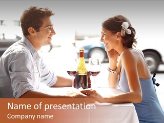 A Man And Woman Sitting At A Table With A Bottle Of Wine PowerPoint Template