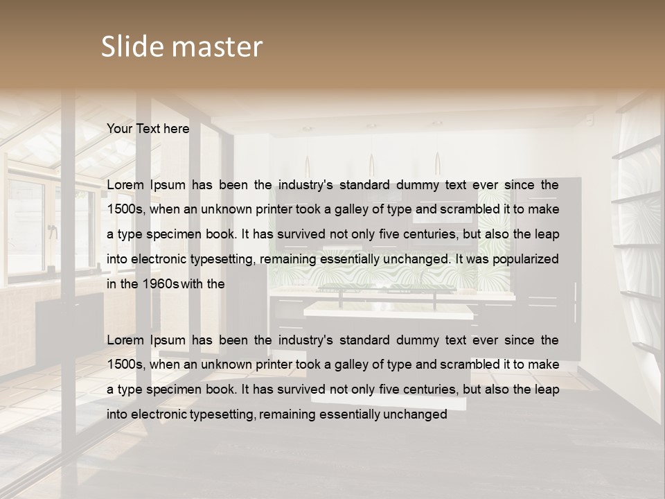 A Kitchen With A Lot Of Cabinets And A Lot Of Windows PowerPoint Template