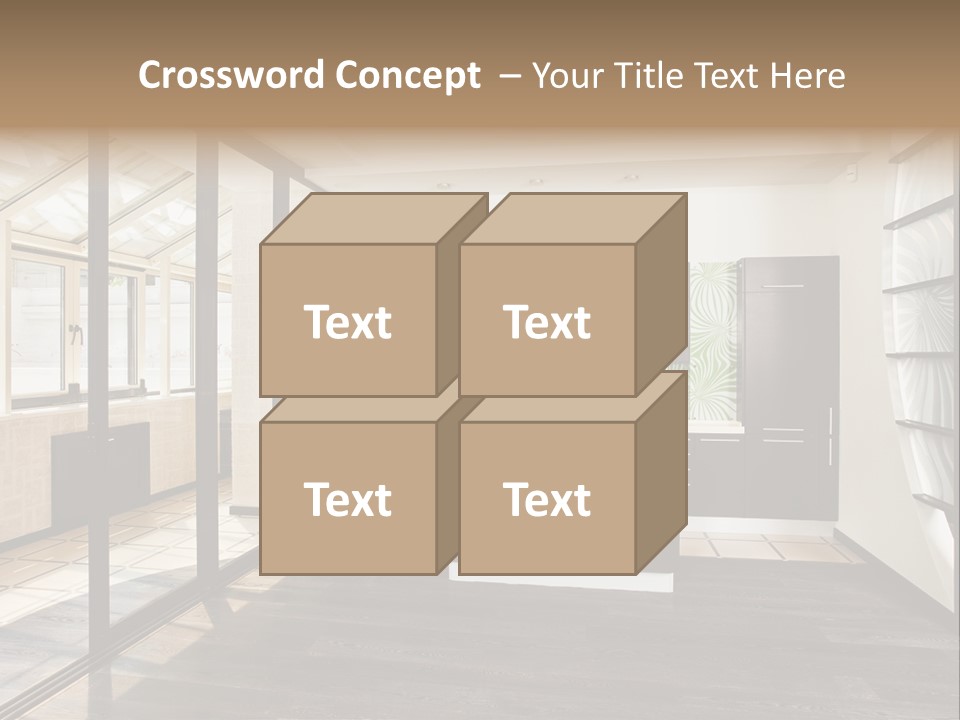 A Kitchen With A Lot Of Cabinets And A Lot Of Windows PowerPoint Template