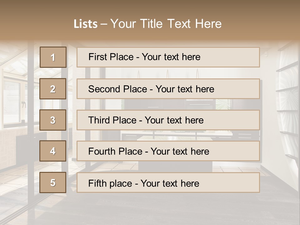 A Kitchen With A Lot Of Cabinets And A Lot Of Windows PowerPoint Template