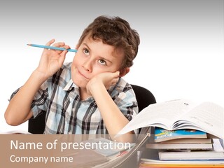 A Young Boy Is Sitting At A Desk With Books And A Pencil PowerPoint Template