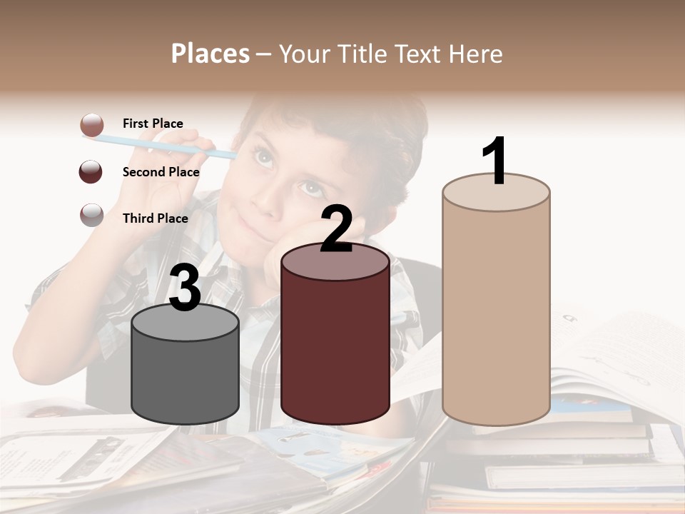A Young Boy Is Sitting At A Desk With Books And A Pencil PowerPoint Template