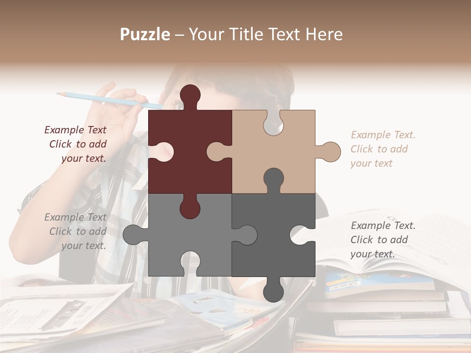 A Young Boy Is Sitting At A Desk With Books And A Pencil PowerPoint Template