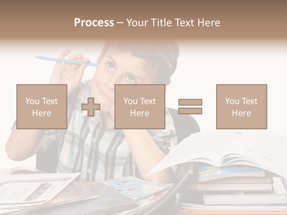 A Young Boy Is Sitting At A Desk With Books And A Pencil PowerPoint Template
