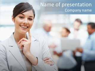 A Woman In A Business Suit Is Pointing To Her Finger PowerPoint Template